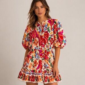 Farm Rio Tropical Puff Sleeve Button Dress Size Small Lace Easter Tiered Ruffle